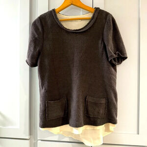 Anthropologie Comme Toi‎ Short Sleeve Sweater w/cream lining and Distressed Trim
